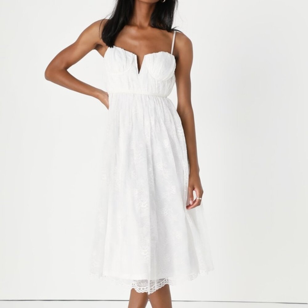 Lulus Dreamy Entrance White Lace Bustier Sleeveless Midi Dress - Size M